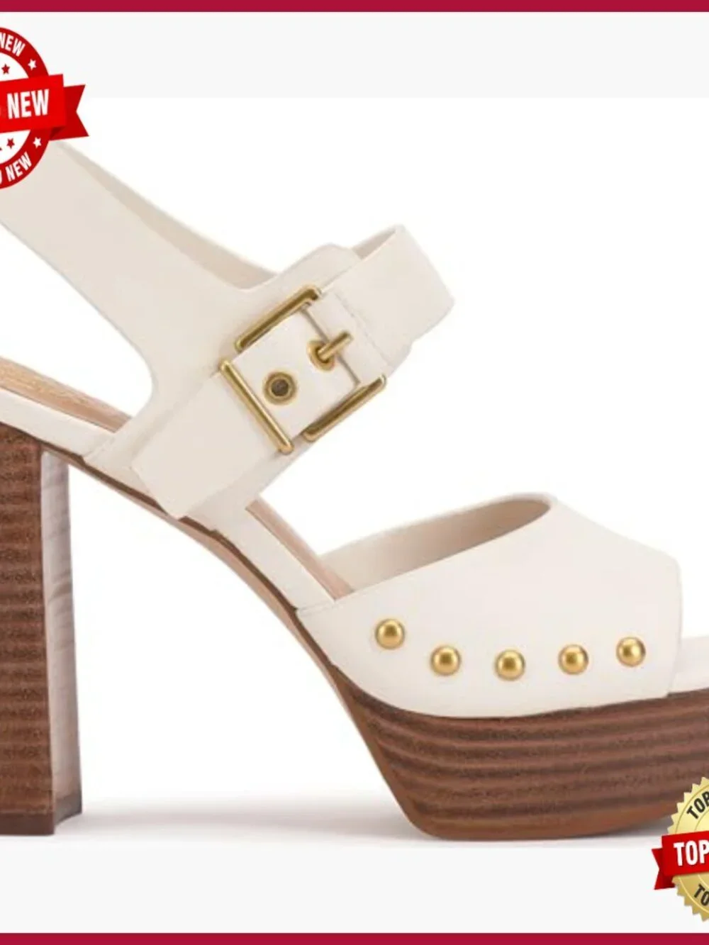 Leather Platform Heeled Sandals with Stacked Heel and Buckle Closure